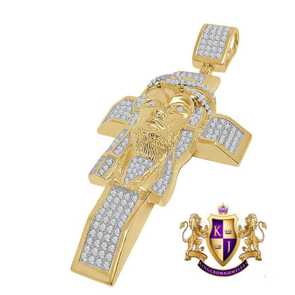 33+ Grams Real Genuine Sterling Silver Big XL 3.5'' 14k Yellow Gold Finish 4.5 Cwt. Simulated Diamond Jesus Face Cross Custom Pendant Charm