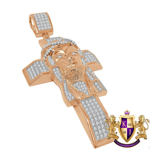 33+ Grams Real Genuine Sterling Silver Big XL 3.5'' 14k Rose Gold Finish 4.5 Cwt. Simulated Diamond Jesus Face Cross Custom Pendant Charm