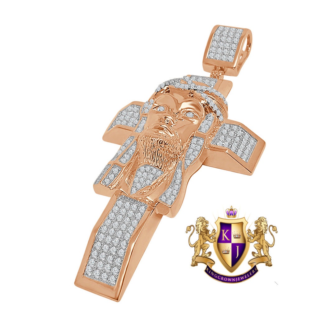 33+ Grams Real Genuine Sterling Silver Big XL 3.5'' 14k Rose Gold Finish 4.5 Cwt. Simulated Diamond Jesus Face Cross Custom Pendant Charm