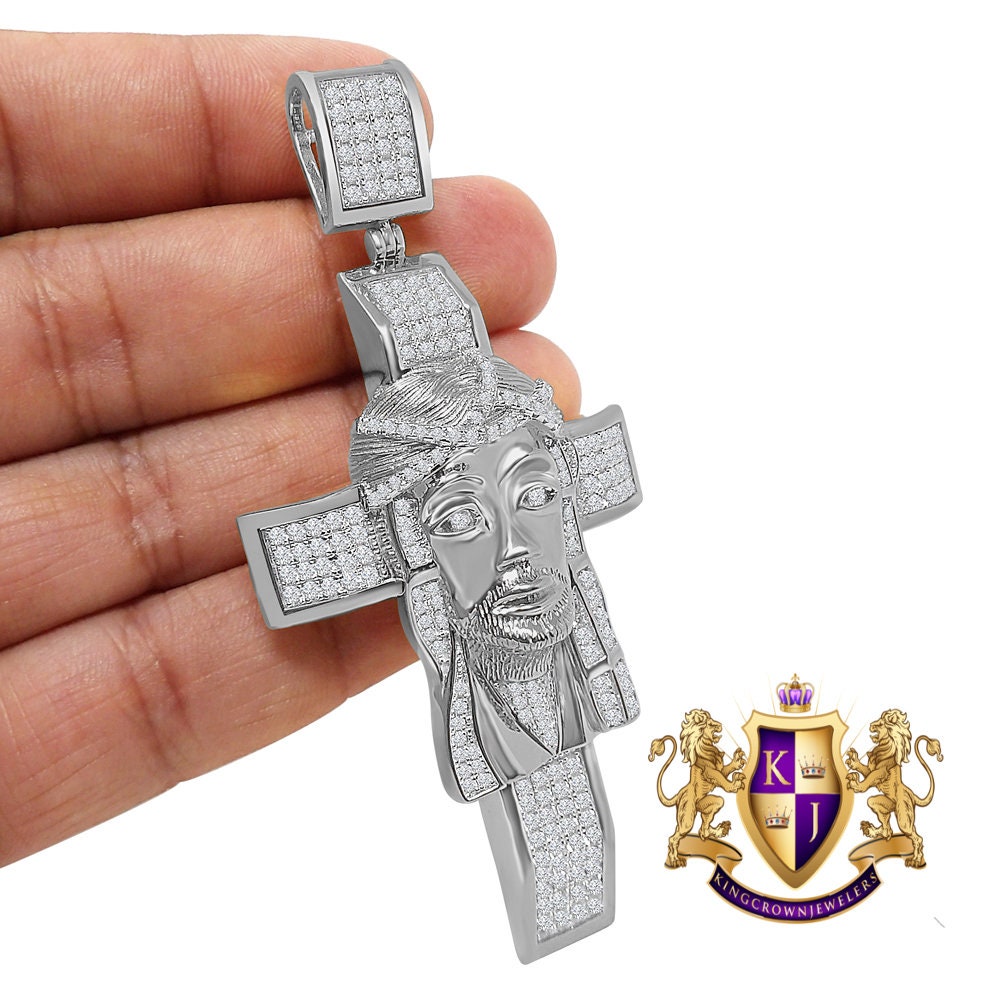 33+ Grams Real Genuine Sterling Silver Big XL 3.5'' 14k White Gold Finish 4.5 Cwt. Simulated Diamond Jesus Face Cross Custom Pendant Charm