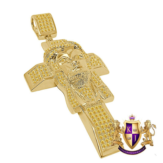 33+ Grams Real Genuine Sterling Silver Big XL 3.5'' 14k Gold Finish 4.5 Cwt. Canary Simulated Diamond Jesus Face Cross Custom Pendant Charm
