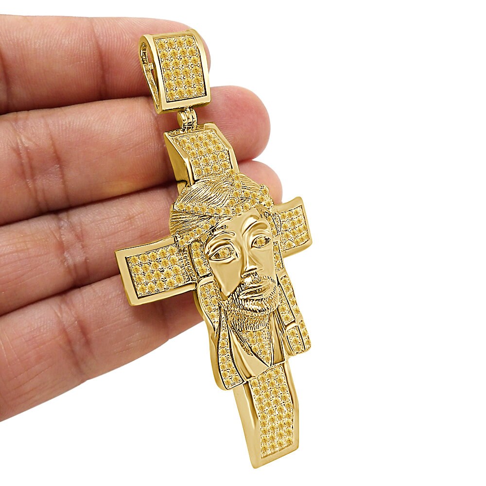 33+ Grams Real Genuine Sterling Silver Big XL 3.5'' 14k Gold Finish 4.5 Cwt. Canary Simulated Diamond Jesus Face Cross Custom Pendant Charm