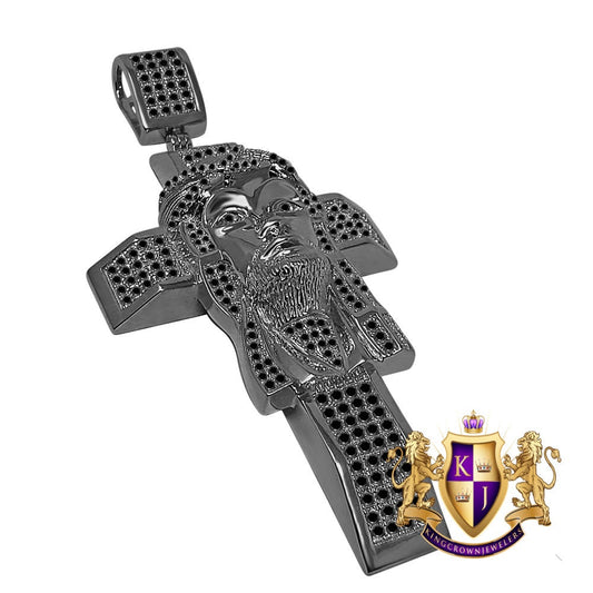 33+ Grams Real Genuine Sterling Silver Big XL 3.5'' 14k Black Gold Finish 4.5 Cwt. Simulated Diamond Jesus Face Cross Custom Pendant Charm