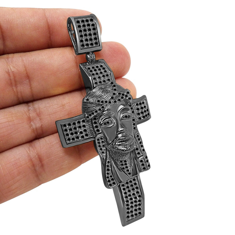 33+ Grams Real Genuine Sterling Silver Big XL 3.5'' 14k Black Gold Finish 4.5 Cwt. Simulated Diamond Jesus Face Cross Custom Pendant Charm