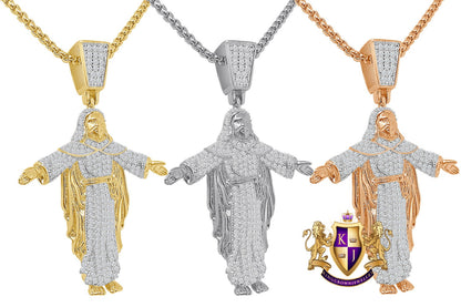 20+ Grams Real Genuine Italian Sterling Silver Simulated Diamond Jesus Face Full Body Charm 2'' 10K Gold Over Pendent Chain Set
