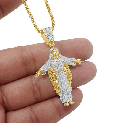 20+ Grams Real Genuine Italian Sterling Silver Simulated Diamond Jesus Face Full Body Charm 2'' 10K Gold Over Pendent Chain Set
