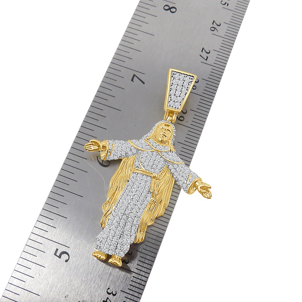 20+ Grams Real Genuine Italian Sterling Silver Simulated Diamond Jesus Face Full Body Charm 2'' 10K Gold Over Pendent Chain Set