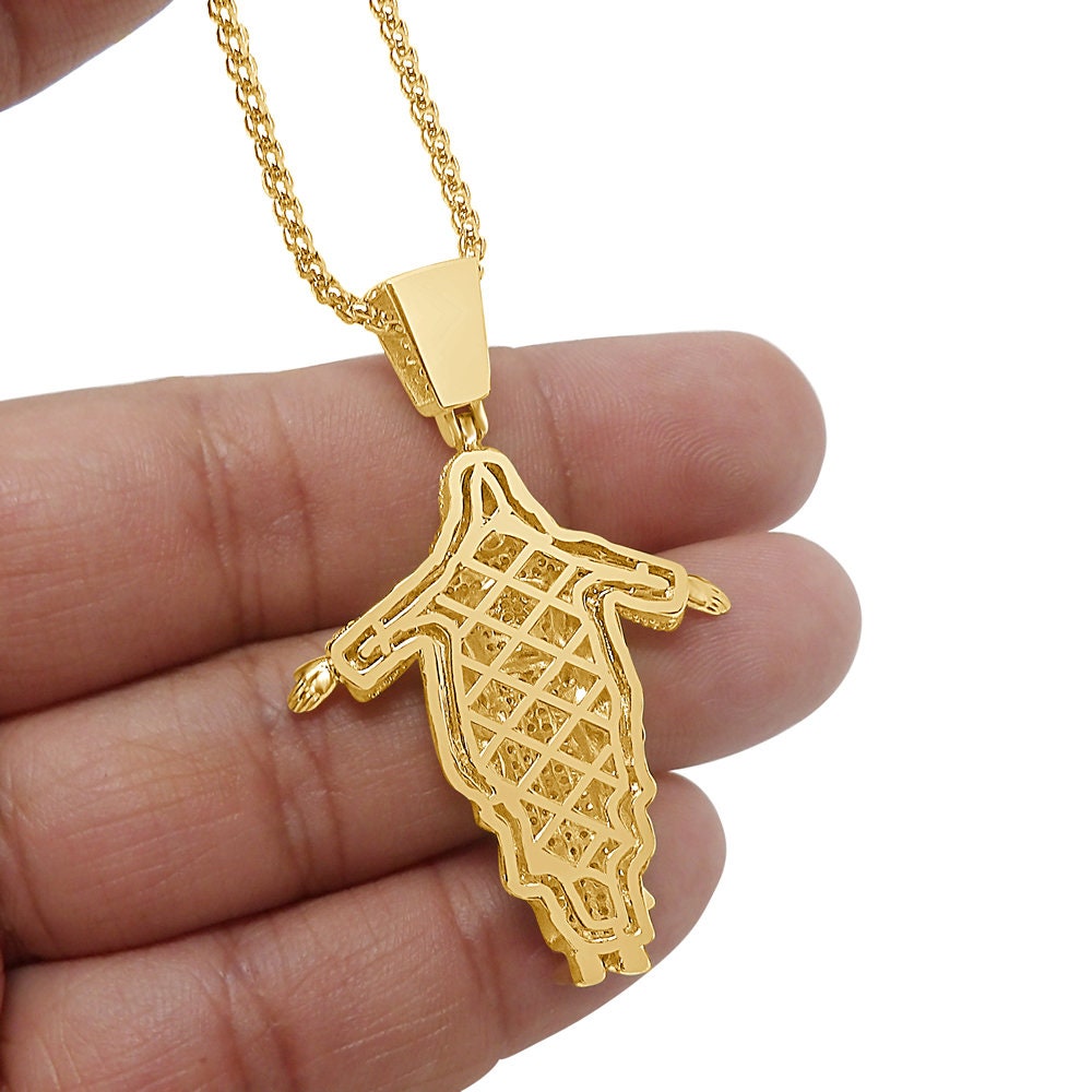 20+ Grams Real Genuine Italian Sterling Silver Simulated Diamond Jesus Face Full Body Charm 2'' 10K Gold Over Pendent Chain Set