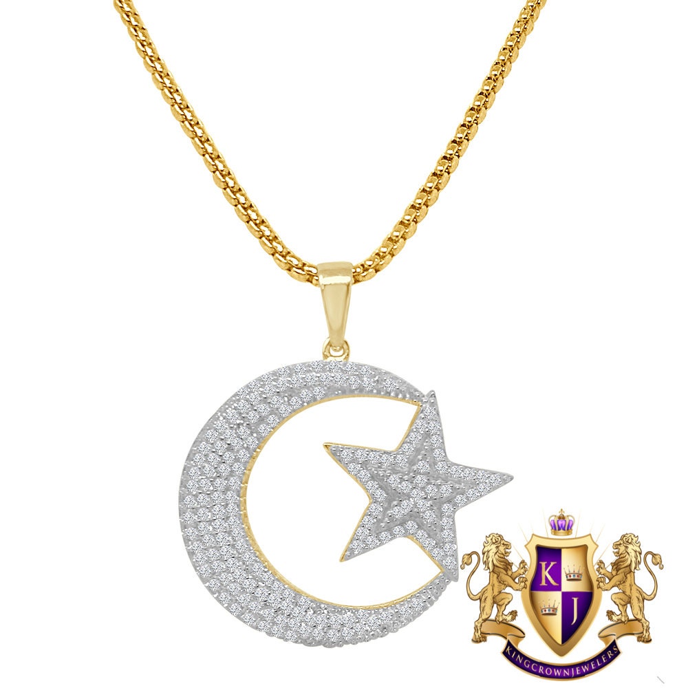 Real Genuine Sterling Silver Allah Muslim God Islamic Crescent Moon and Star Simulated Diamond Pendant Charm Chain Neckless Set Unisex 1.5''