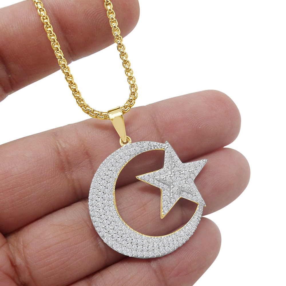 Real Genuine Sterling Silver Allah Muslim God Islamic Crescent Moon and Star Simulated Diamond Pendant Charm Chain Neckless Set Unisex 1.5''