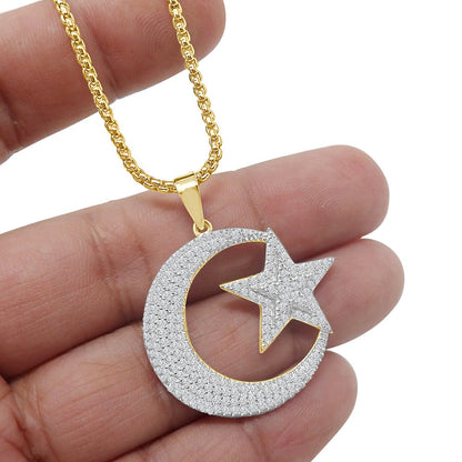 Real Genuine Sterling Silver Allah Muslim God Islamic Crescent Moon and Star Simulated Diamond Pendant Charm Chain Neckless Set Unisex 1.5''