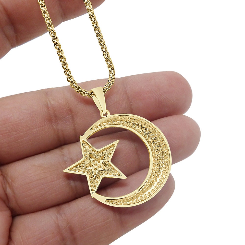 Real Genuine Sterling Silver Allah Muslim God Islamic Crescent Moon and Star Simulated Diamond Pendant Charm Chain Neckless Set Unisex 1.5''