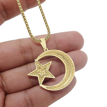 Real Genuine Sterling Silver Allah Muslim God Islamic Crescent Moon and Star Simulated Diamond Pendant Charm Chain Neckless Set Unisex 1.5''