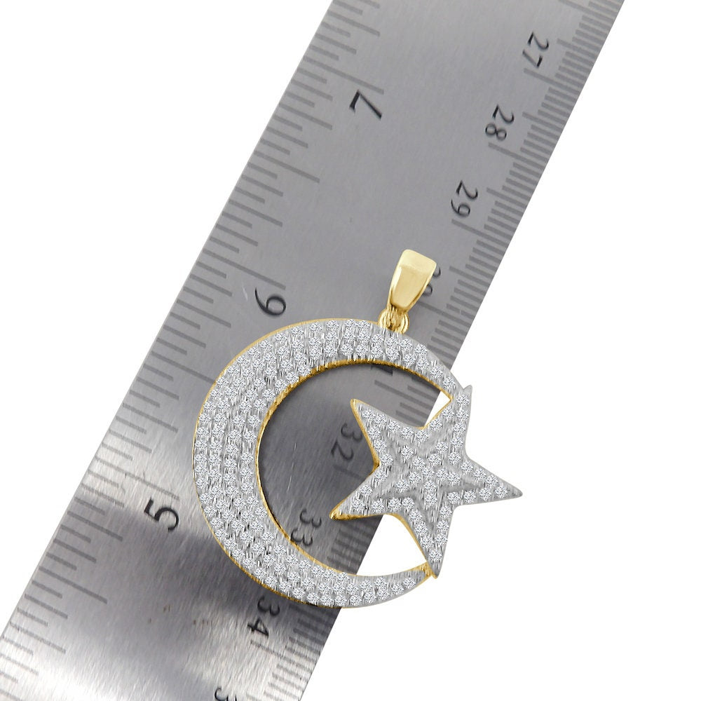 Real Genuine Sterling Silver Allah Muslim God Islamic Crescent Moon and Star Simulated Diamond Pendant Charm Chain Neckless Set Unisex 1.5''