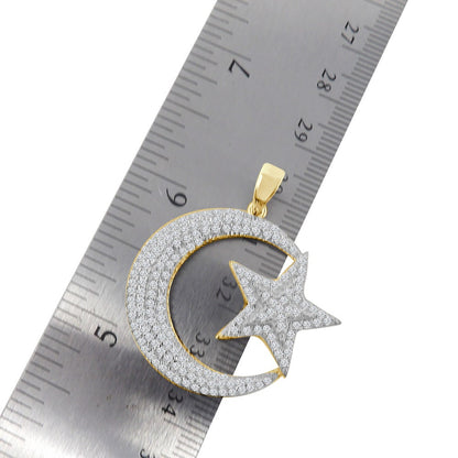 Real Genuine Sterling Silver Allah Muslim God Islamic Crescent Moon and Star Simulated Diamond Pendant Charm Chain Neckless Set Unisex 1.5''