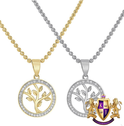 Real Genuine Diamond 10K Gold Finish Money Tree of Life Charm Mini Pendant Chain Neckless Set 1''