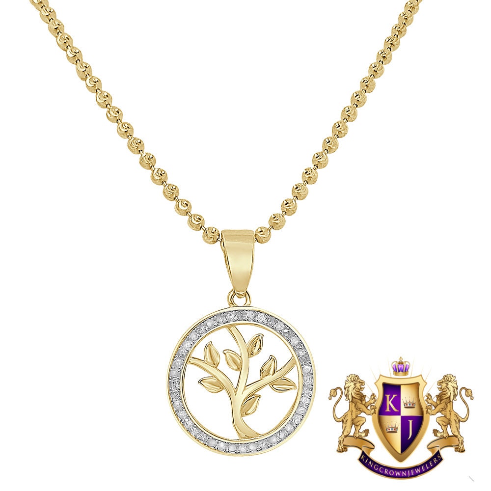 Real Genuine Diamond 10K Gold Finish Money Tree of Life Charm Mini Pendant Chain Neckless Set 1''
