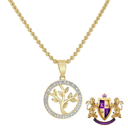 Real Genuine Diamond 10K Gold Finish Money Tree of Life Charm Mini Pendant Chain Neckless Set 1''