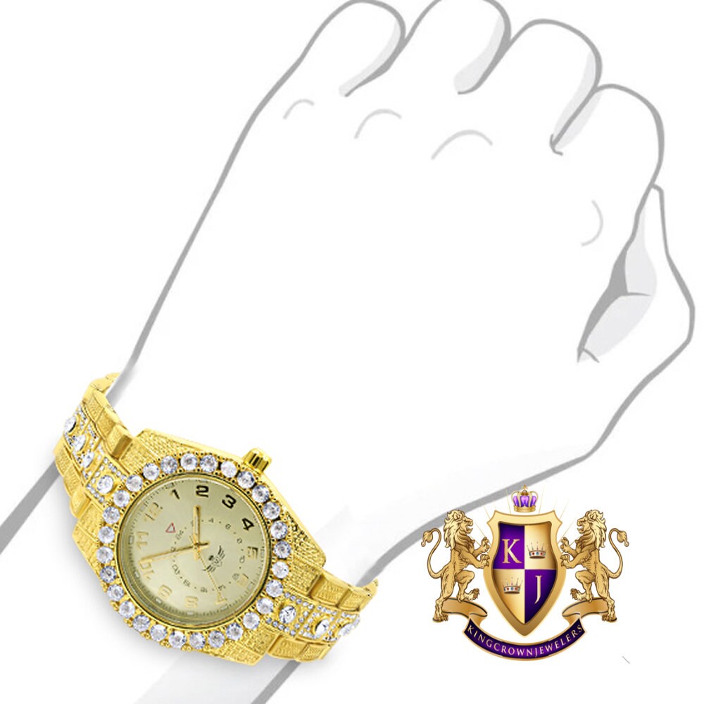 Solitaire 14K Yellow Gold Tone Simulated Diamond Water Resistance Steel Back Metal Band Watch 40mm