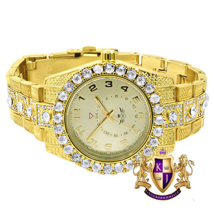 Solitaire 14K Yellow Gold Tone Simulated Diamond Water Resistance Steel Back Metal Band Watch 40mm