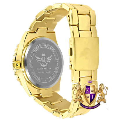 Red Dial Solitaire 14K Gold Tone Simulated Diamond Water Resistance Steel Back Metal Band Watch 40mm