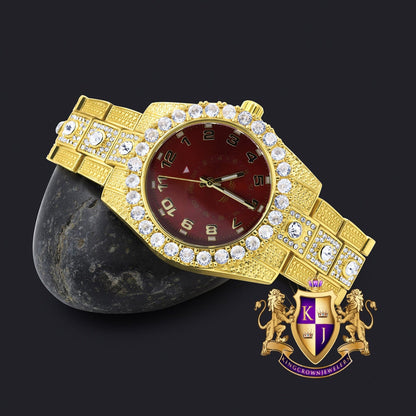 Red Dial Solitaire 14K Gold Tone Simulated Diamond Water Resistance Steel Back Metal Band Watch 40mm