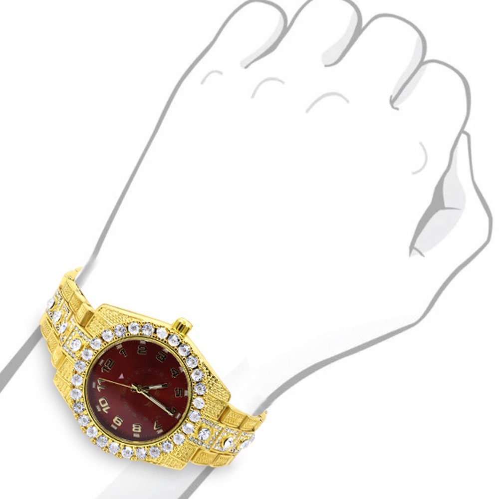 Red Dial Solitaire 14K Gold Tone Simulated Diamond Water Resistance Steel Back Metal Band Watch 40mm
