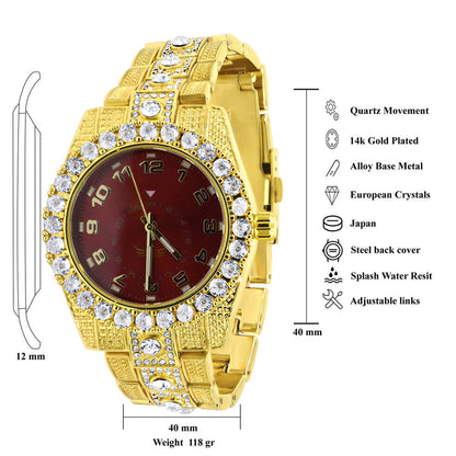 Red Dial Solitaire 14K Gold Tone Simulated Diamond Water Resistance Steel Back Metal Band Watch 40mm