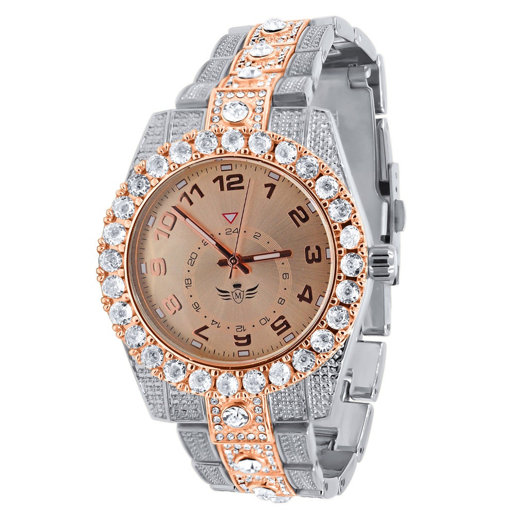 Solitaire 2 Tone Rose Gold Finish Simulated Diamond Water Resistance Steel Back Metal Band Watch 40mm