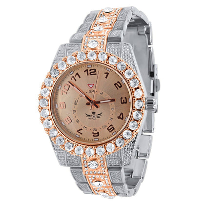 Solitaire 2 Tone Rose Gold Finish Simulated Diamond Water Resistance Steel Back Metal Band Watch 40mm