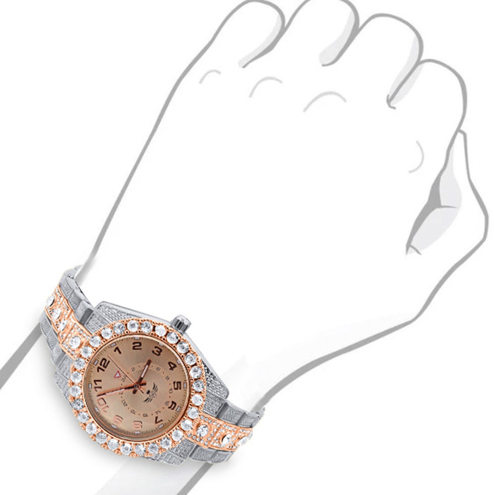 Solitaire 2 Tone Rose Gold Finish Simulated Diamond Water Resistance Steel Back Metal Band Watch 40mm