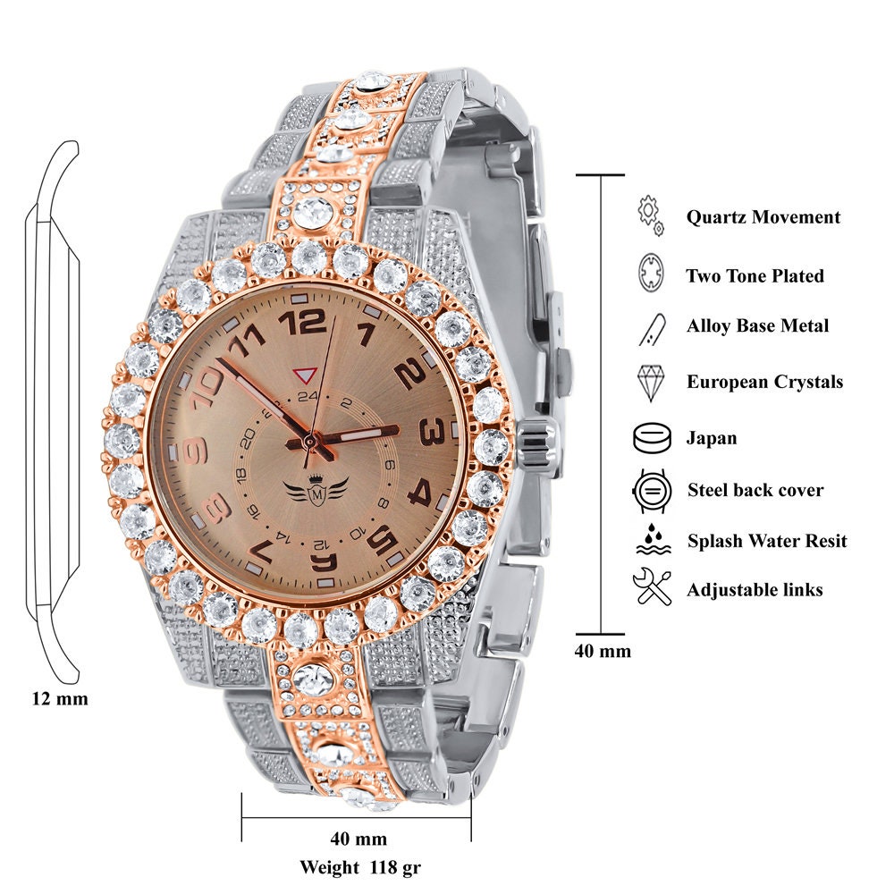 Solitaire 2 Tone Rose Gold Finish Simulated Diamond Water Resistance Steel Back Metal Band Watch 40mm