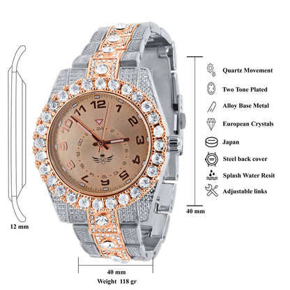 Solitaire 2 Tone Rose Gold Finish Simulated Diamond Water Resistance Steel Back Metal Band Watch 40mm