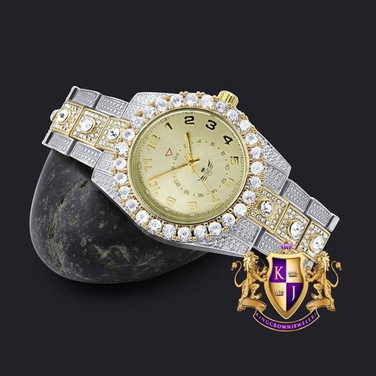 Solitaire 2 Tone Gold Finish Simulated Diamond Water Resistance Steel Back Metal Band Watch 40mm
