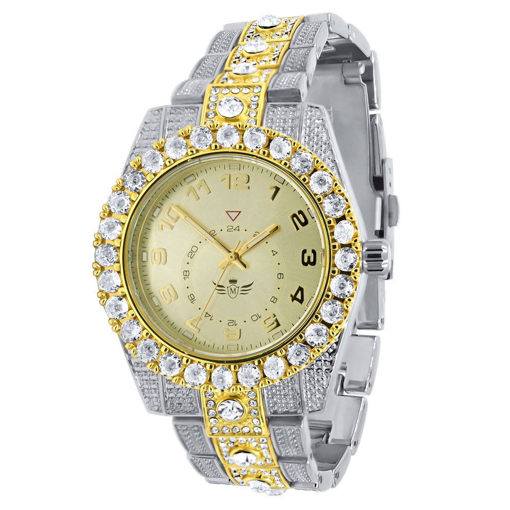 Solitaire 2 Tone Gold Finish Simulated Diamond Water Resistance Steel Back Metal Band Watch 40mm
