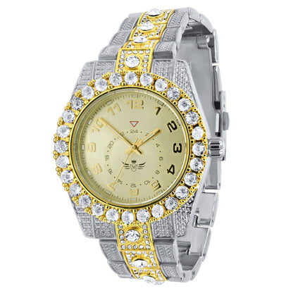 Solitaire 2 Tone Gold Finish Simulated Diamond Water Resistance Steel Back Metal Band Watch 40mm