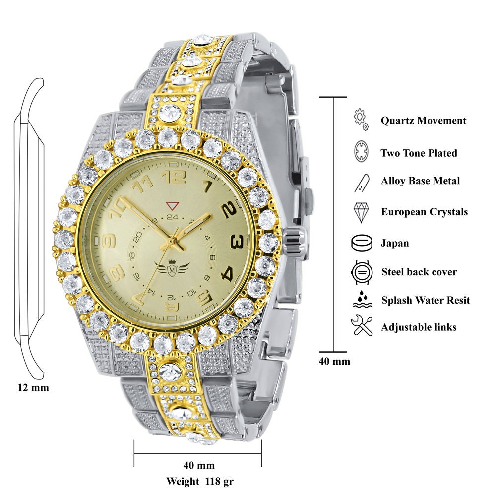 Solitaire 2 Tone Gold Finish Simulated Diamond Water Resistance Steel Back Metal Band Watch 40mm