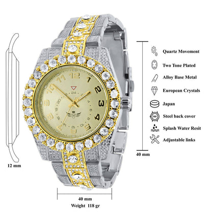 Solitaire 2 Tone Gold Finish Simulated Diamond Water Resistance Steel Back Metal Band Watch 40mm