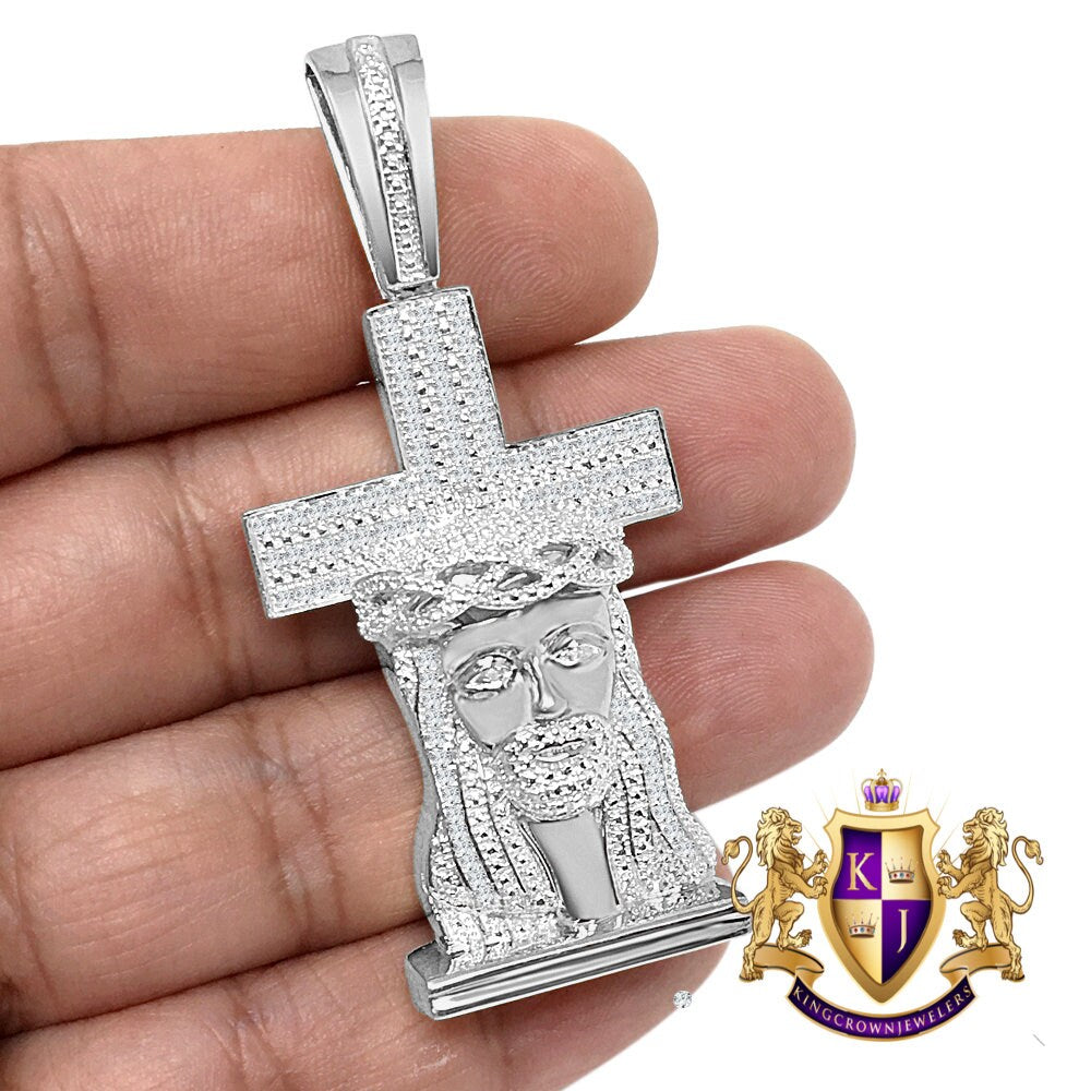 Real Genuine Diamonds Jesus Face Cross Custom Men's Pendant Charm 10K White Gold Finish 2.5''
