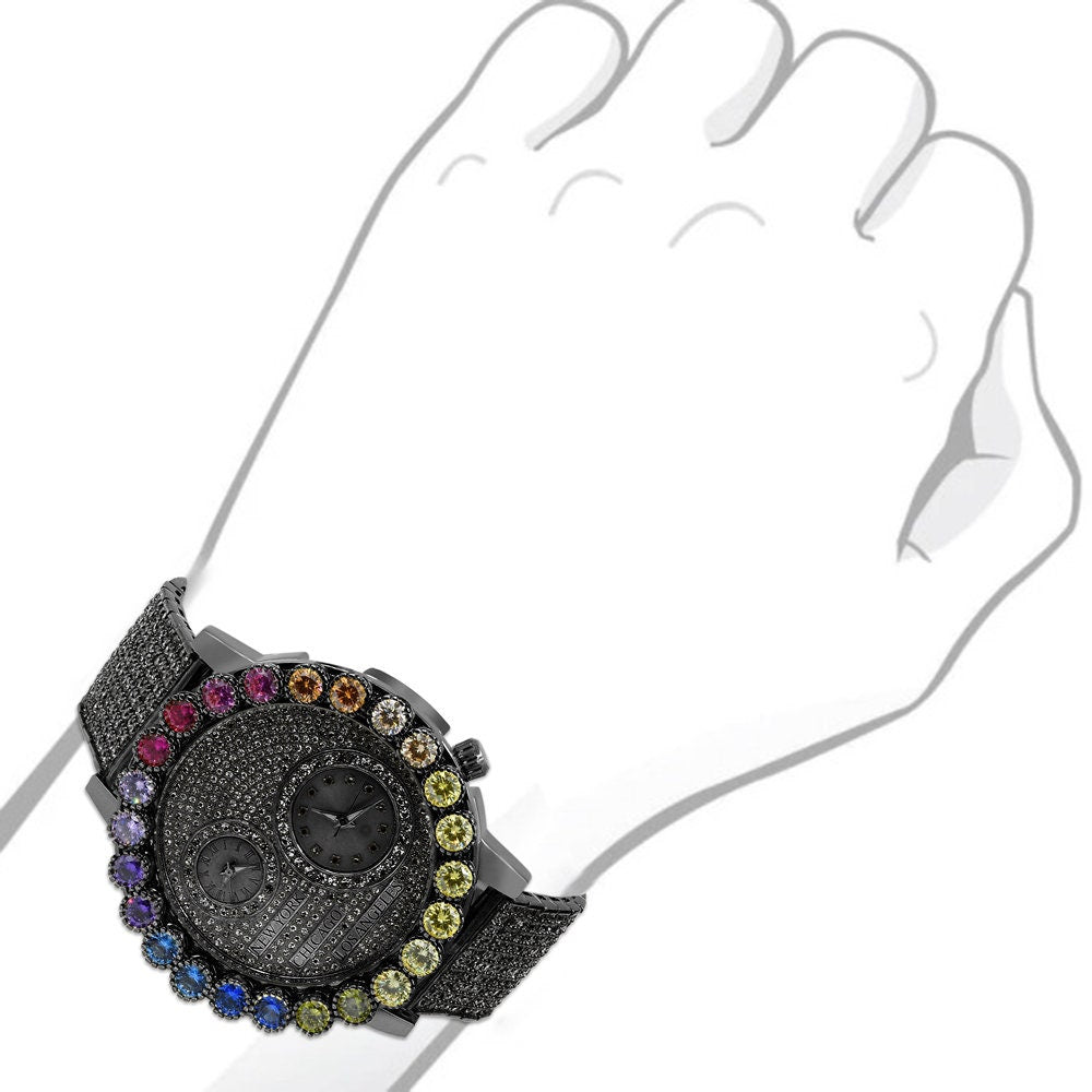 Rainbow Multi Tone Chronograph Real Diamond Dial Men's 18K Black Gold Finish Flower Bezel Band Custom Watch Analog 45mm W/Date