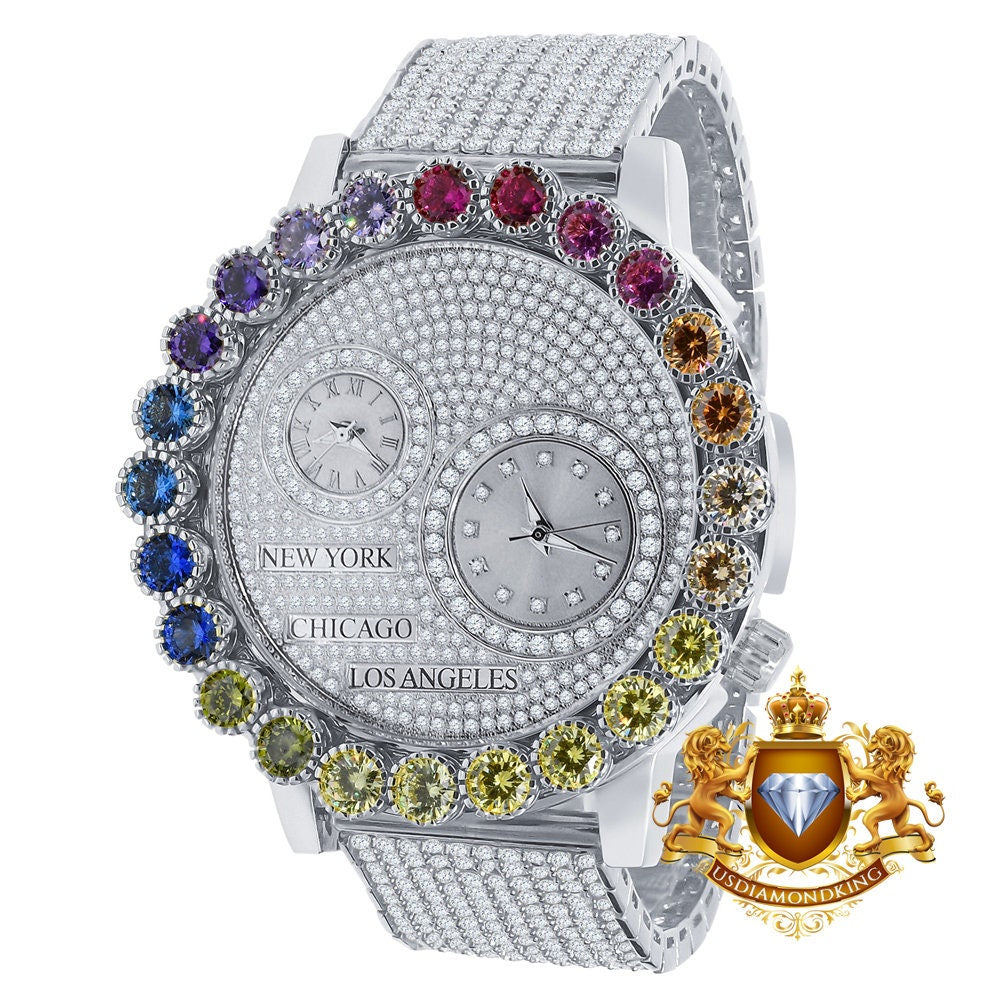 Solitaire Men's 18K White Gold Finish Rainbow Multi Tone Chronograph Real Diamond Dial Custom Bezel And Band Watch Analog 45mm W/Date