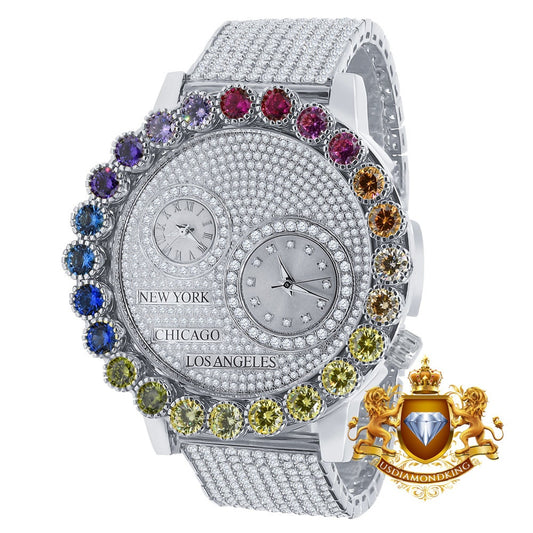 Solitaire Men's 18K White Gold Finish Rainbow Multi Tone Chronograph Real Diamond Dial Custom Bezel And Band Watch Analog 45mm W/Date
