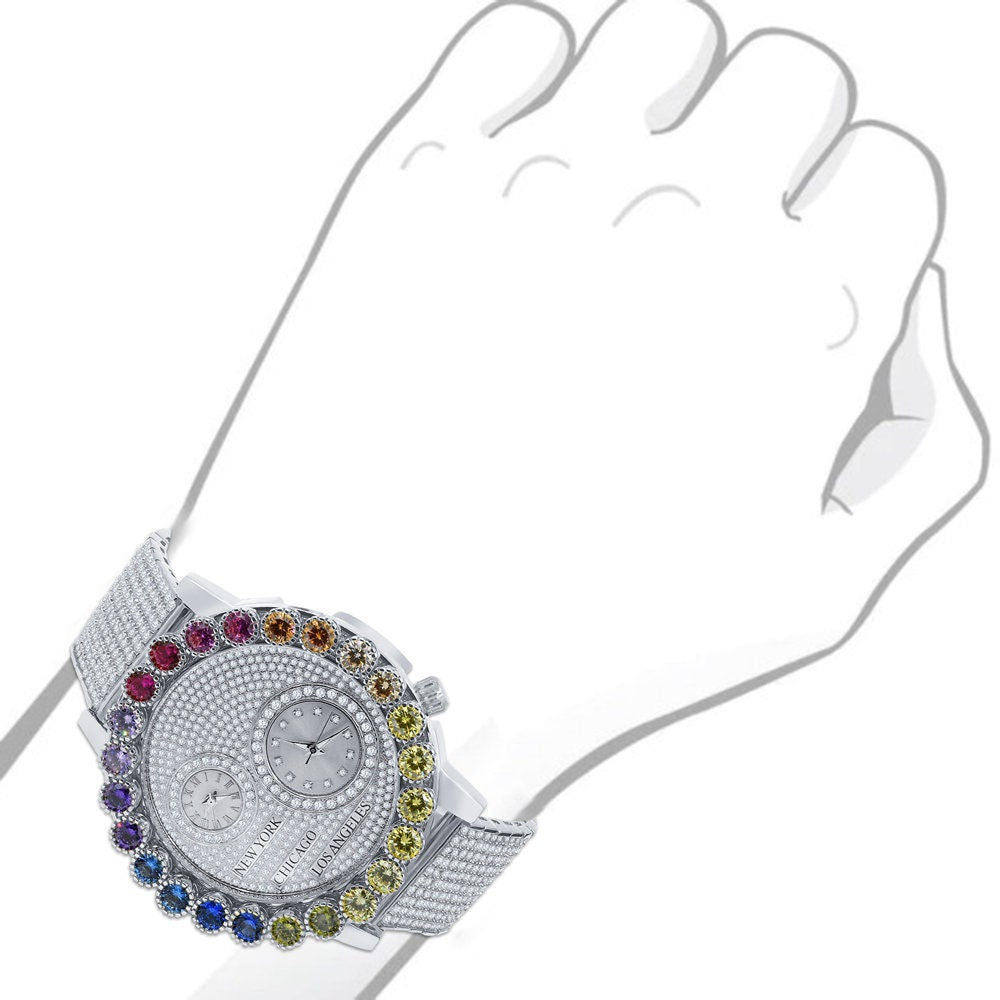 Solitaire Men's 18K White Gold Finish Rainbow Multi Tone Chronograph Real Diamond Dial Custom Bezel And Band Watch Analog 45mm W/Date