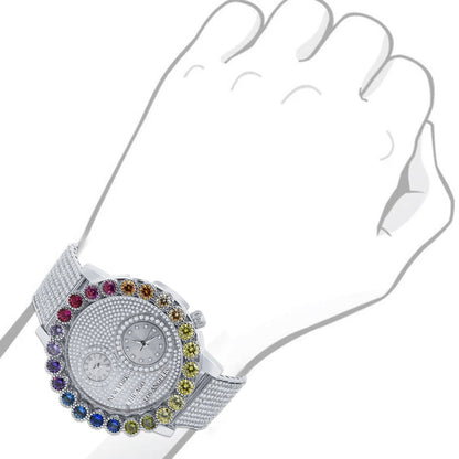 Solitaire Men's 18K White Gold Finish Rainbow Multi Tone Chronograph Real Diamond Dial Custom Bezel And Band Watch Analog 45mm W/Date