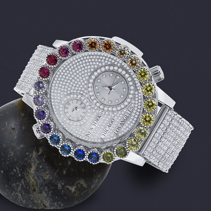 Solitaire Men's 18K White Gold Finish Rainbow Multi Tone Chronograph Real Diamond Dial Custom Bezel And Band Watch Analog 45mm W/Date
