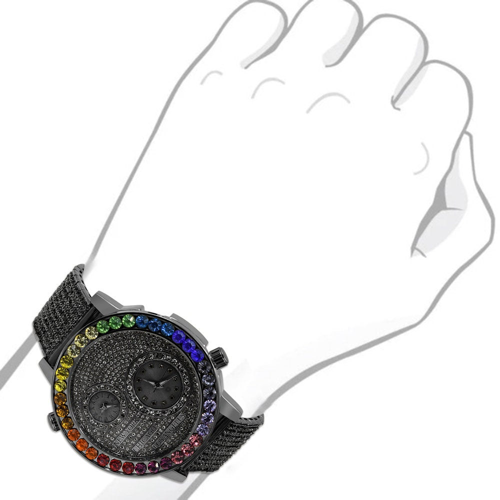 Solitaire Rainbow Multi Tone Chronograph Diamond Dial Men's 18K Black Gold Flower Bezel Band Custom Watch Analog 45mm W/Date