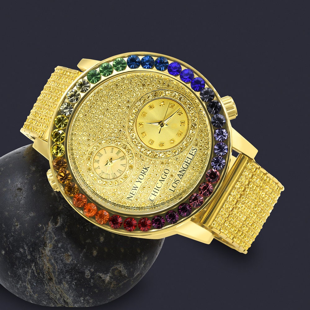 Chronograph Real Diamond Dial Men's 18K Gold Finish Flower Bezel Band Custom Watch Analog 45mm W/Date Canary Rainbow Multi Tone
