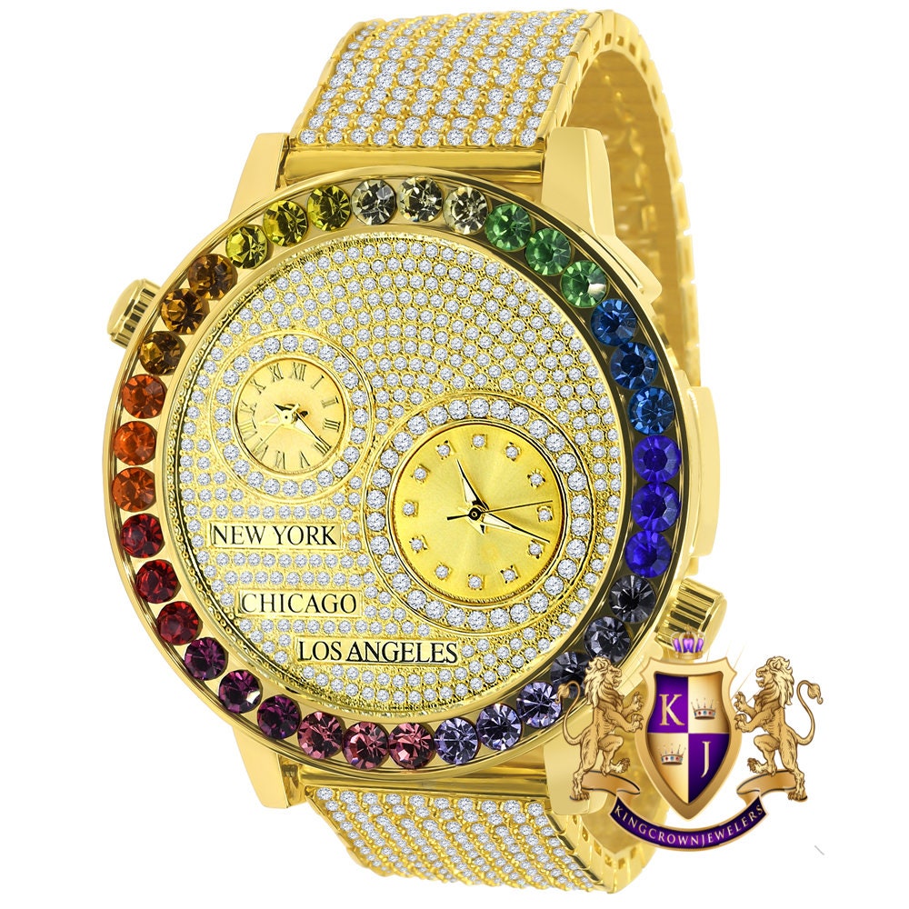 Men's Rainbow Multi Tone Chronograph Real Diamond Dial Men's 18K Gold Finish Flower Bezel Band Custom Watch Analog 45mm W/Date