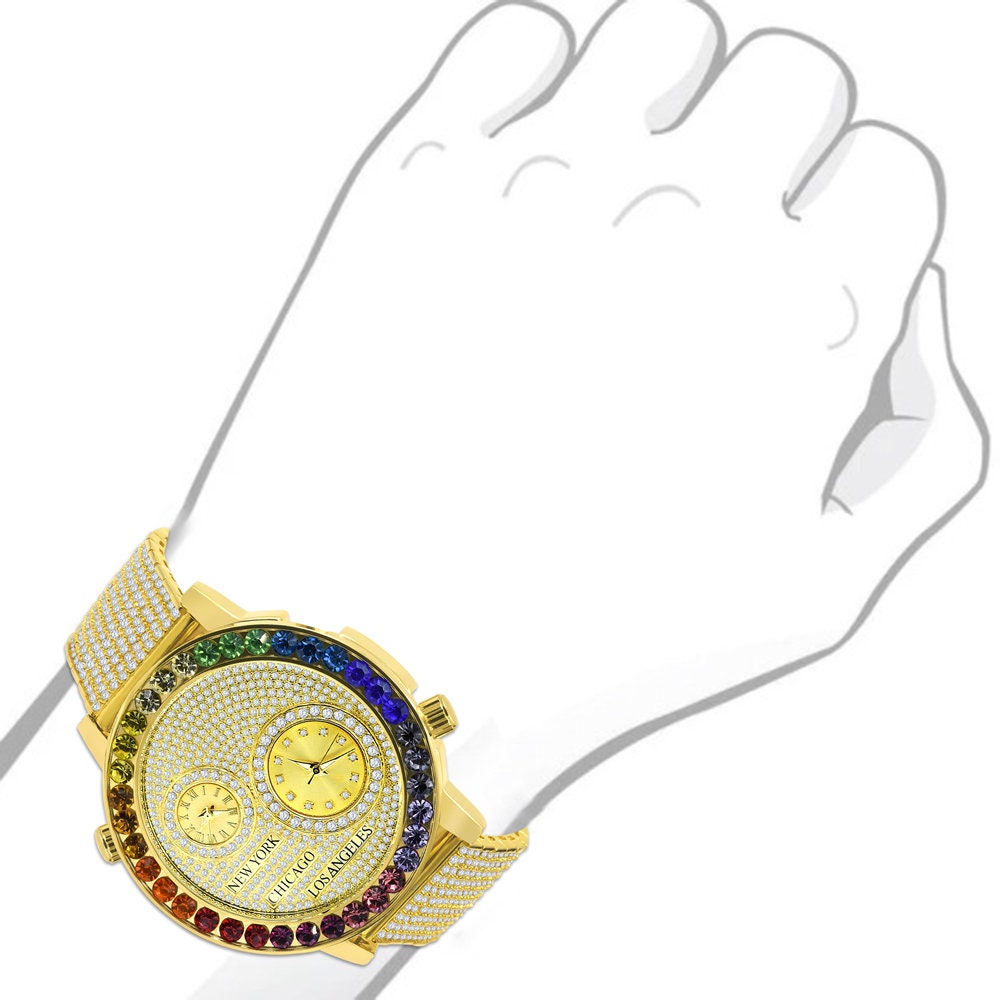 Men's Rainbow Multi Tone Chronograph Real Diamond Dial Men's 18K Gold Finish Flower Bezel Band Custom Watch Analog 45mm W/Date