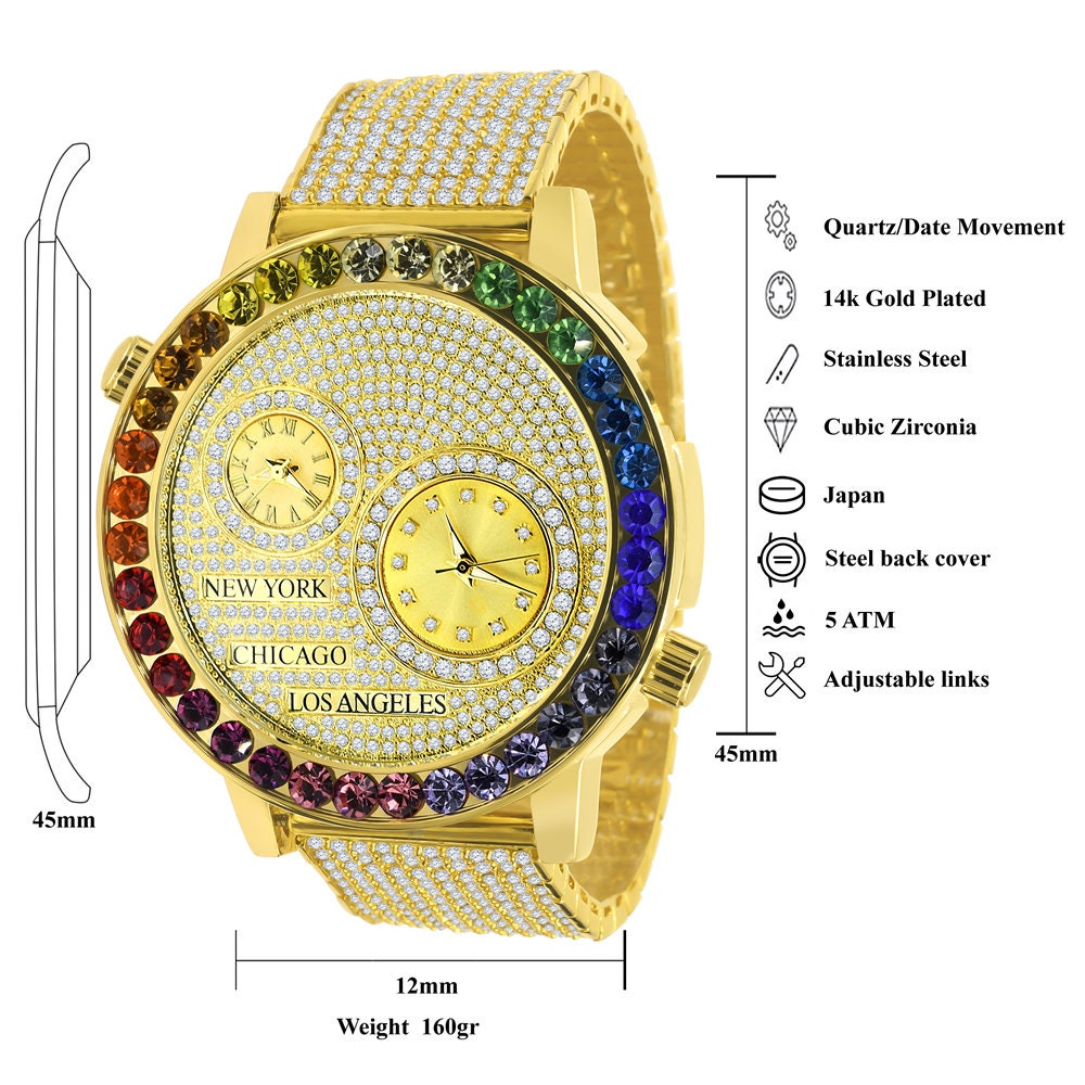 Men's Rainbow Multi Tone Chronograph Real Diamond Dial Men's 18K Gold Finish Flower Bezel Band Custom Watch Analog 45mm W/Date